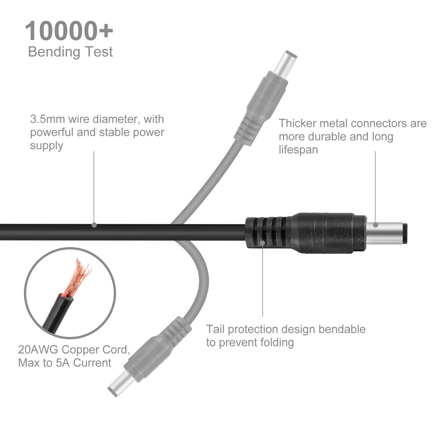 Onite Cable de extensión macho a macho de 3.3 pies, cable adaptador de corriente CC de 0.217 x 0.083 in, para tira LED, cámara de vigilancia, cámara