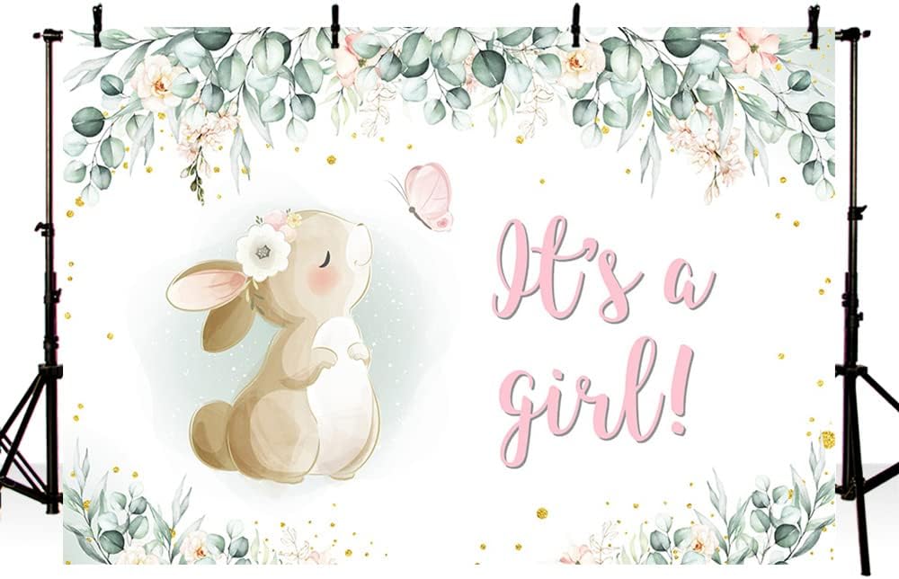MEHOFOND Fondo para decoración de fiesta de baby shower, de 7 x 5 pies, pancarta de primavera de Pascua, rosa, floral, mariposa, conejo, hojas de