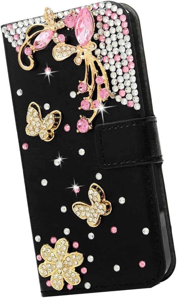 Funda para teléfono con diseño de cartera, diseño 3D hecho a mano con diamantes de imitación de mariposa y diamantes de imitación, diseño brillante