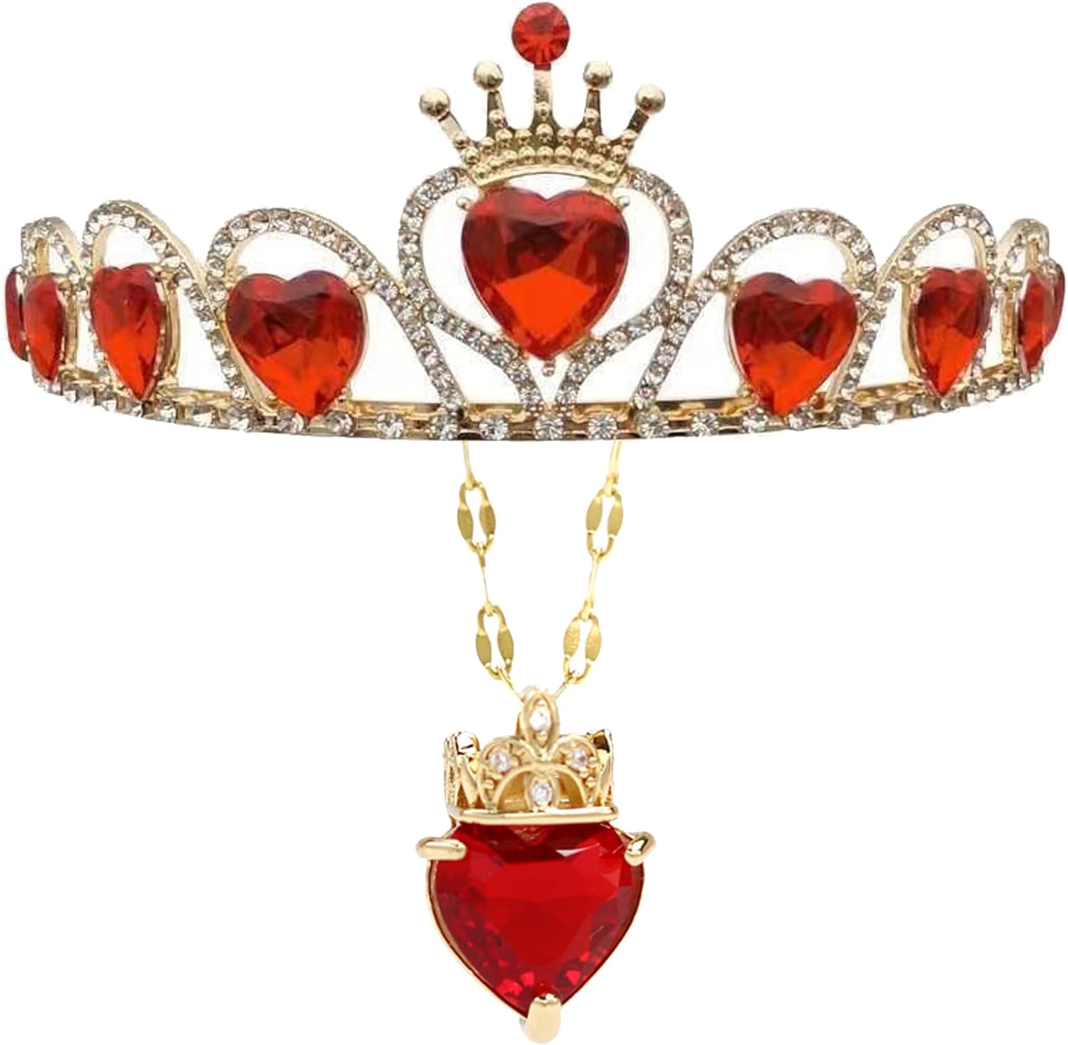 Collar rojo real de reina de corazones y corona de tiara dorada de princesa para disfraz de niña, tocado de reina de corazones, corona y collar para