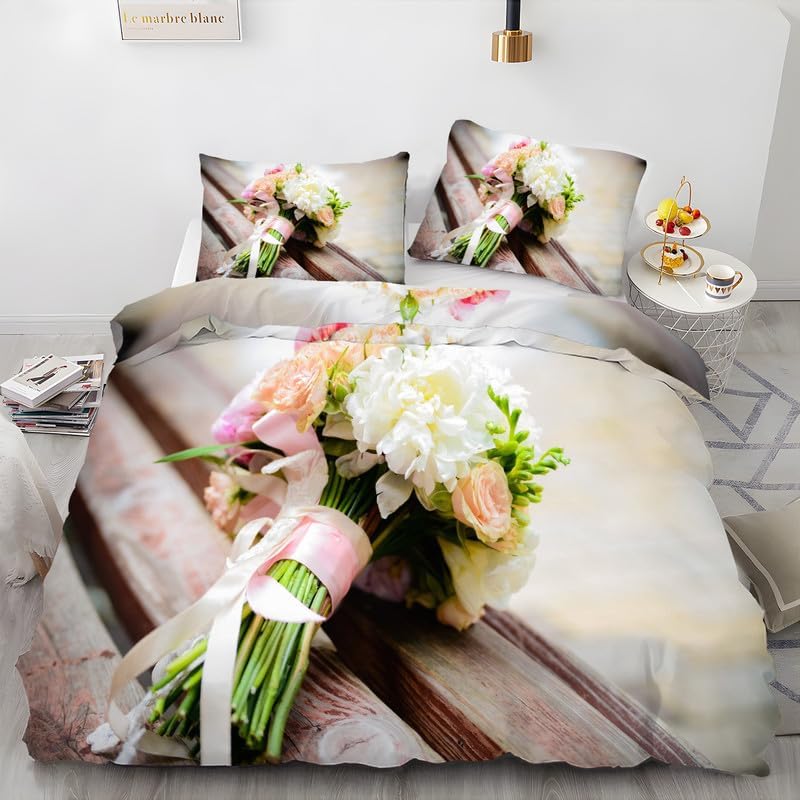 Light Brown Bouquet King Duvet Cover Flowers Print King Bedding Set Soft Microfiber Comforter Cover and 2 Pillow Shams 20″X36″, Bed Set Duvet Covers