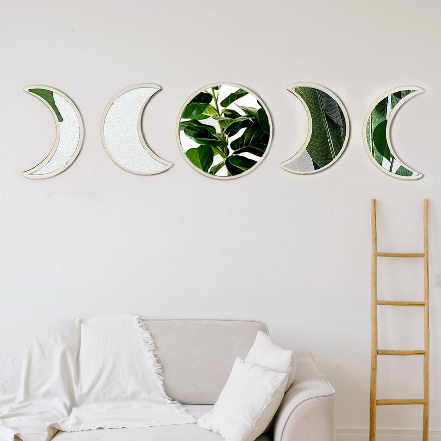 Kondec Juego de 5 espejos de fase lunar espejo escandinavo natural para decoración de pared, espejo estético de decoración bohemia para sala de