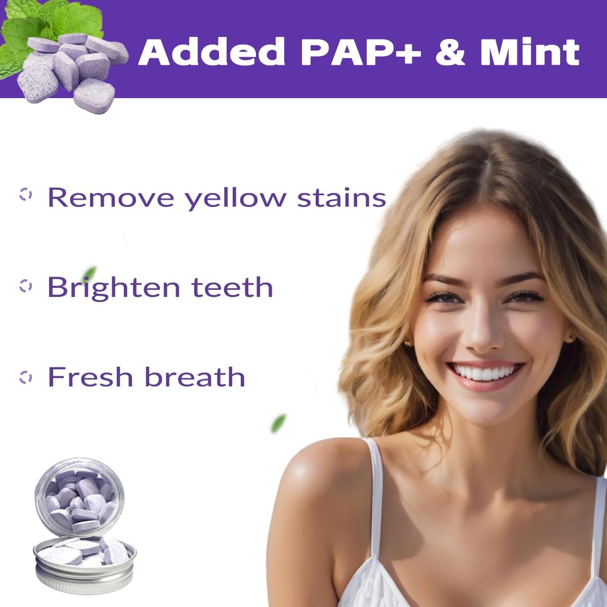 Tabletas de pasta de dientes moradas para blanquear los dientes, 60 piezas