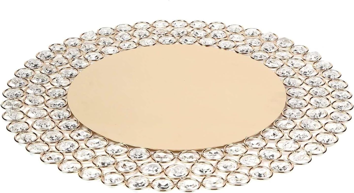 BalsaCircle Platos de metal redondos dorados de 14 pulgadas con cuentas de cristal, suministros de decoración de mesa de catering para cenas, bodas,