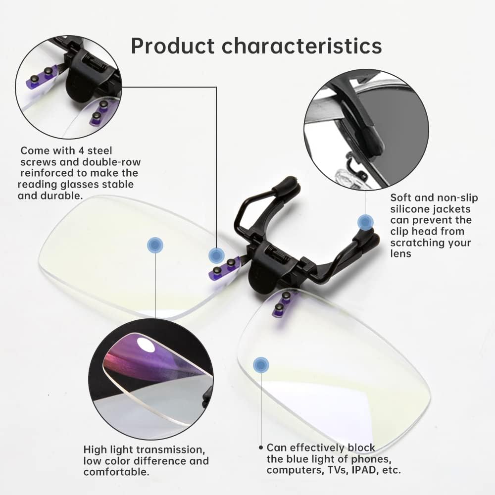 Lentes de lectura con clip y abatibles, con bloqueo de luz azul, lupas, lentes, para unisex (transparente, 3.0)