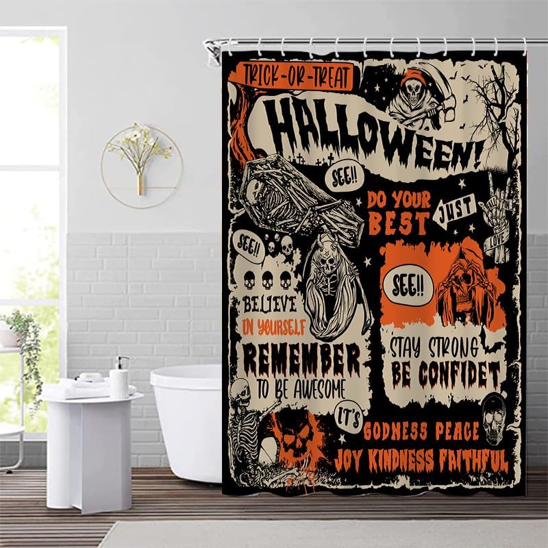 Lofaris Cortina de ducha de Halloween para baño, espeluznante truco o truco espeluznante, cortina de ducha espeluznante, calavera gótica, creer en