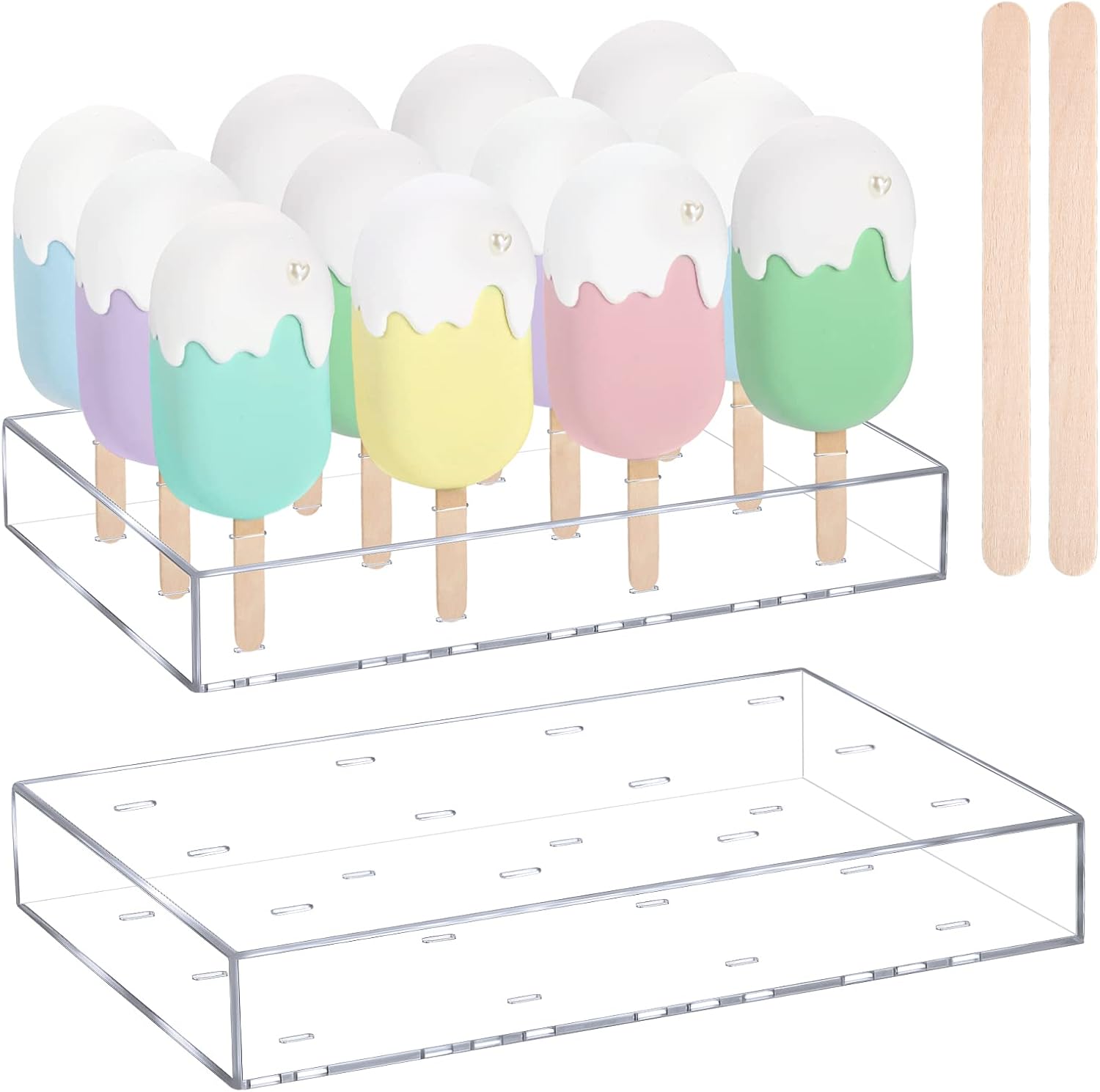 Gejoy 2 piezas de soporte de acrílico para tartas, soporte reutilizable para tartas, soporte transparente para paletas y 100 palitos de helado de