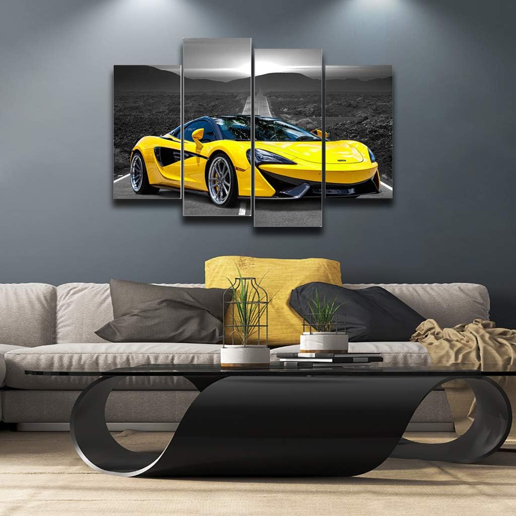 Póster de pared en blanco y negro, 4 piezas de automóvil deportivo amarillo grande, lienzo para habitación de niños, dormitorio, sala de estar,