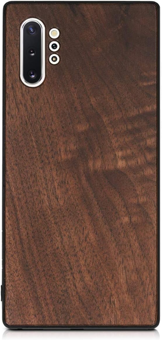 kwmobile Funda de madera real compatible con Samsung Galaxy Note 10 Plus, cubierta de madera dura con parachoques de TPU, color marrón oscuro