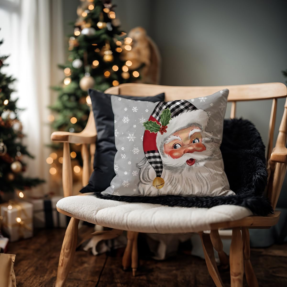 Juego de 4 fundas de almohada navideñas de búfalo de 20 x 20 pulgadas, diseño de muñeco de nieve de Papá Noel, copos de nieve, decoraciones