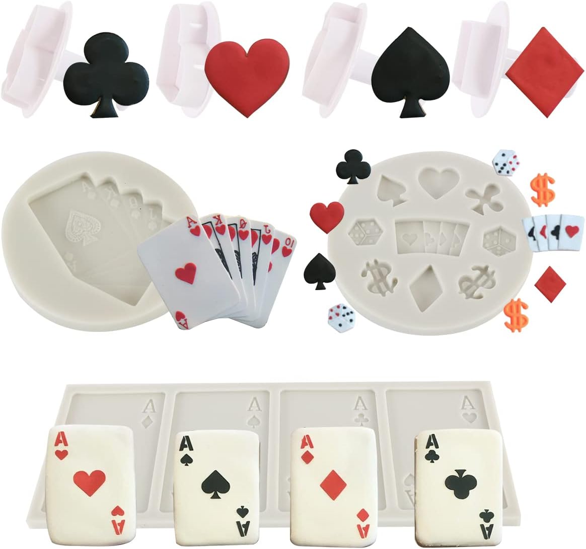 Juego de 7 moldes de silicona de póquer para fondant para Las Vegas, noche de casino, decoraciones de fiesta de cumpleaños de casino con corazón de