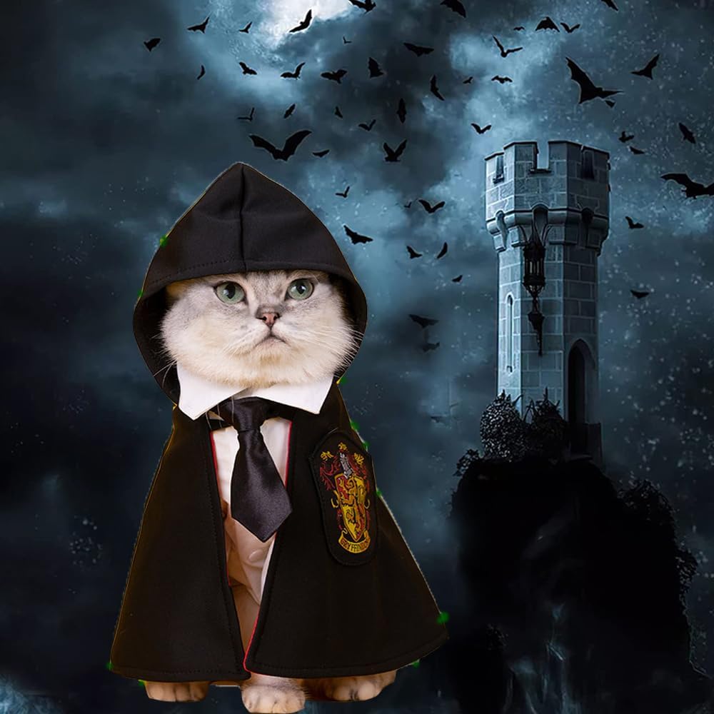 Capa de gato de Halloween con corbata para el cuello, disfraces de gato de Halloween, disfraces de perro pequeño, ropa de Halloween para mascotas,