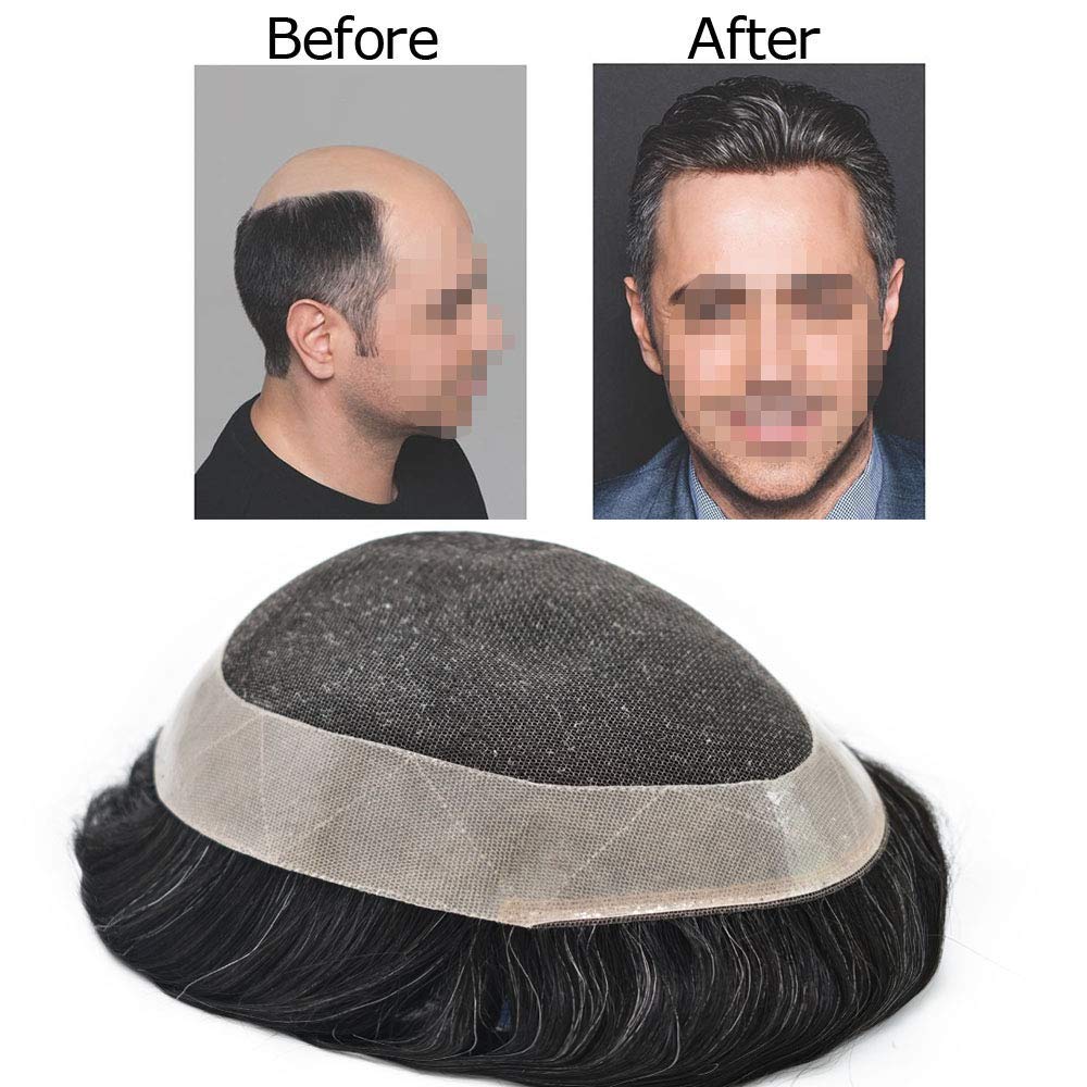 RESHE Sistemas de reemplazo de cabello para hombre, tupé para hombres, cabello humano real, encaje suizo con PU alrededor de los hombres, pieza de