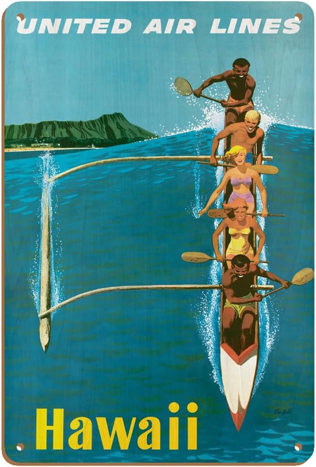 Hawái – United Air Lines – Cartel de viaje vintage de aerolínea por Stan Galli c.1960 – Cartel artístico vintage de madera de 8 x 12 pulgadas