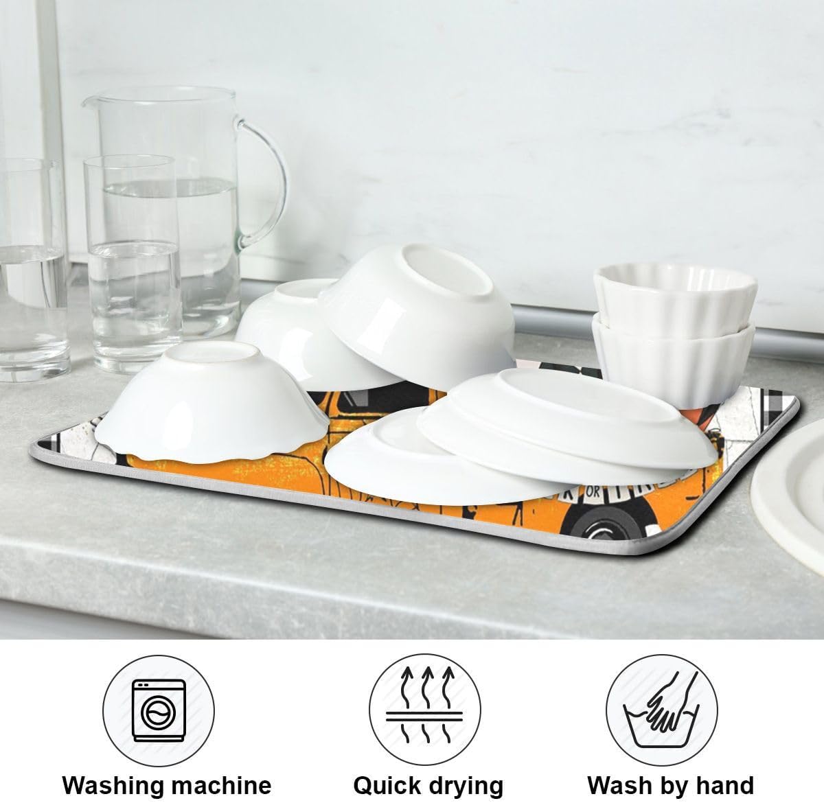 Tapete de secado de platos con diseño de calabaza y camión de Happy Halloween, tapete de secado de microfibra absorbente reversible para platos de