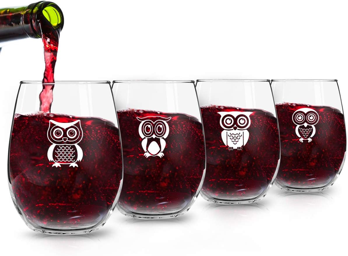 Juego de 4 copas de vino de búho lindo  Copas de vino sin tallo con 4 búhos adorables únicos  Copas decorativas de búho de 15 onzas  Hace divertido