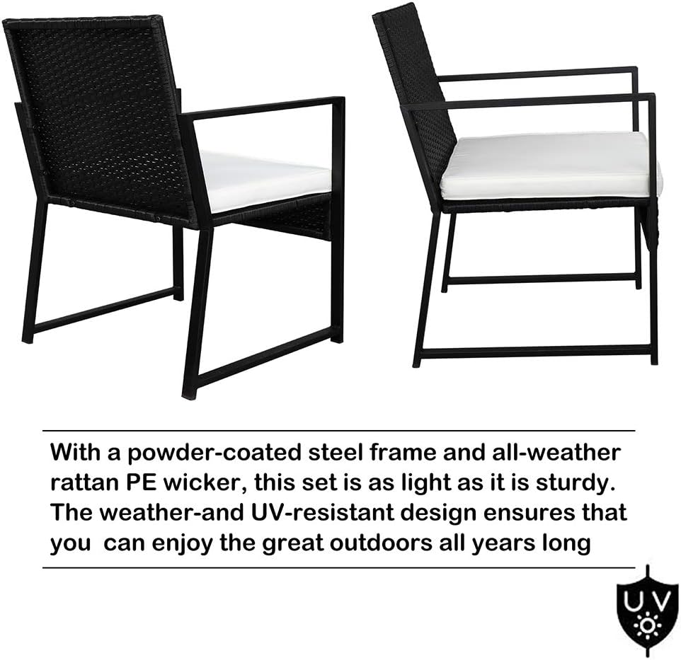 Juego de 3 piezas de muebles de mimbre para exteriores, sillas de ratán con mesa auxiliar para patio y bistró, color negro