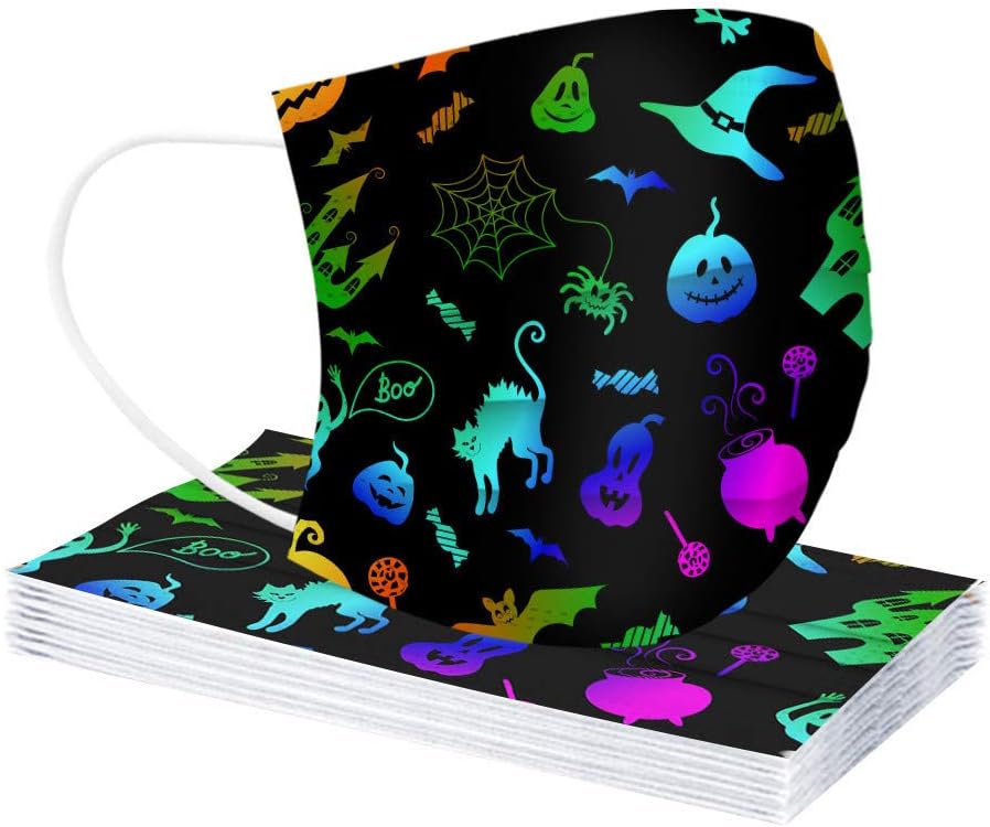 Paquete de 50 mascarillas desechables de Halloween para adultos con estampado de calabaza, 3 capas transpirables de Halloween para mujeres y hombres