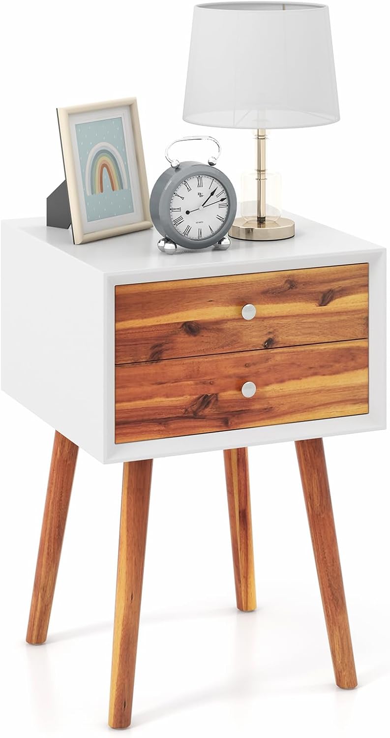 GOFLAME Mesita de noche con 2 cajones, pequeña mesa auxiliar de madera, moderna de mediados de siglo con almacenamiento, mesa auxiliar compacta para