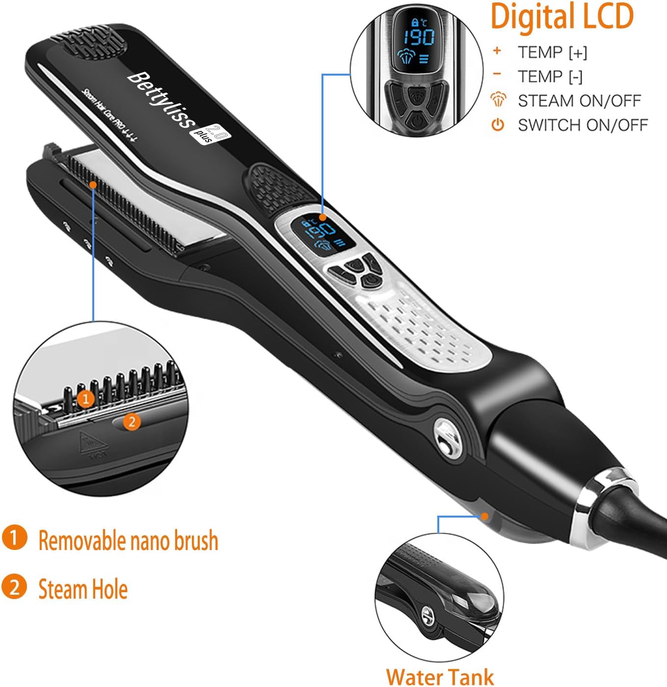 Plancha de vapor para alisar el cabello, plancha profesional para obtener resultados suaves y sin encrespamiento (negro)