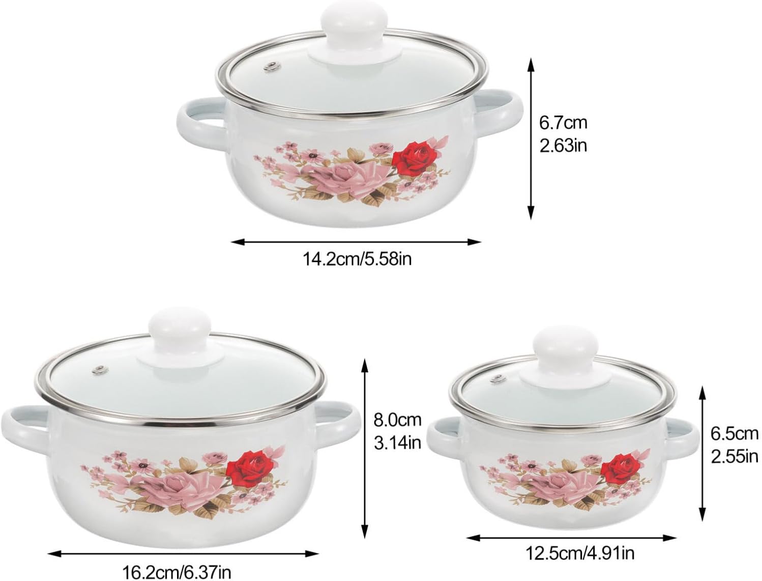 BESTonZON Olla de cocina esmaltada de 3 piezas, olla pequeña con tapa de vidrio, utensilios de cocina vintage con doble mango floral Ramen Bowl para
