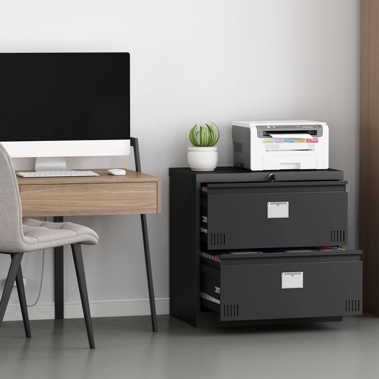 Archivador lateral con cerradura, archivador vertical de 2 cajones, archivador horizontal de metal con ranura para tarjetas para oficina en casa,