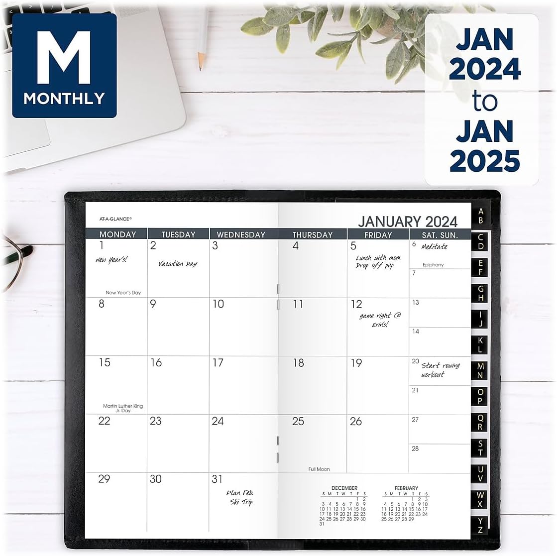 AT-A-GLANCE – Agenda mensual de 13 meses 2024-2025, 3-12 x 6 pulgadas, negro, de enero de 2024 a enero de 2025, 7006405