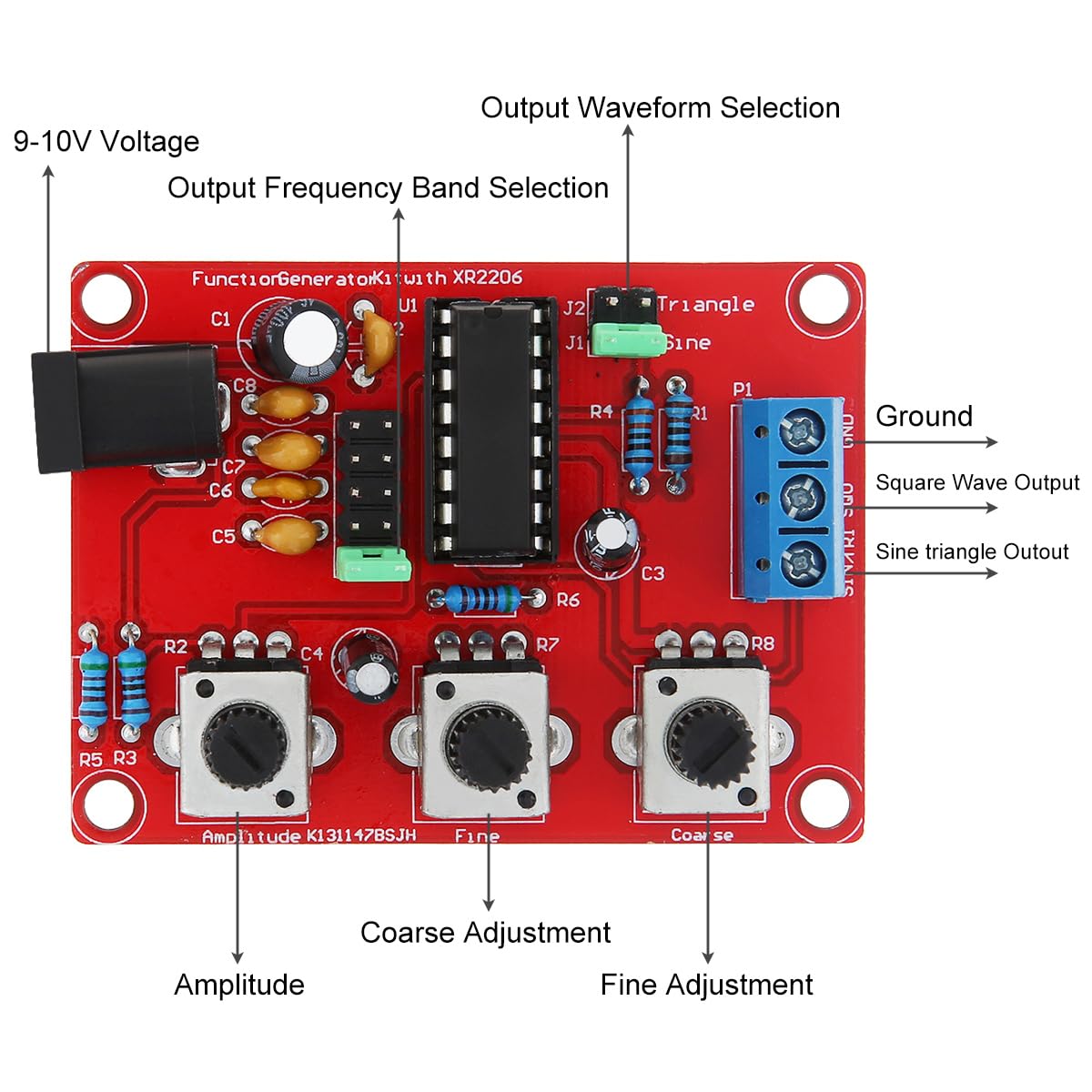 Generador de señal de función precisa XR2206 1Hz-1MHz Triángulo sinusoidal ajustable Módulo de frecuencia de salida cuadrada