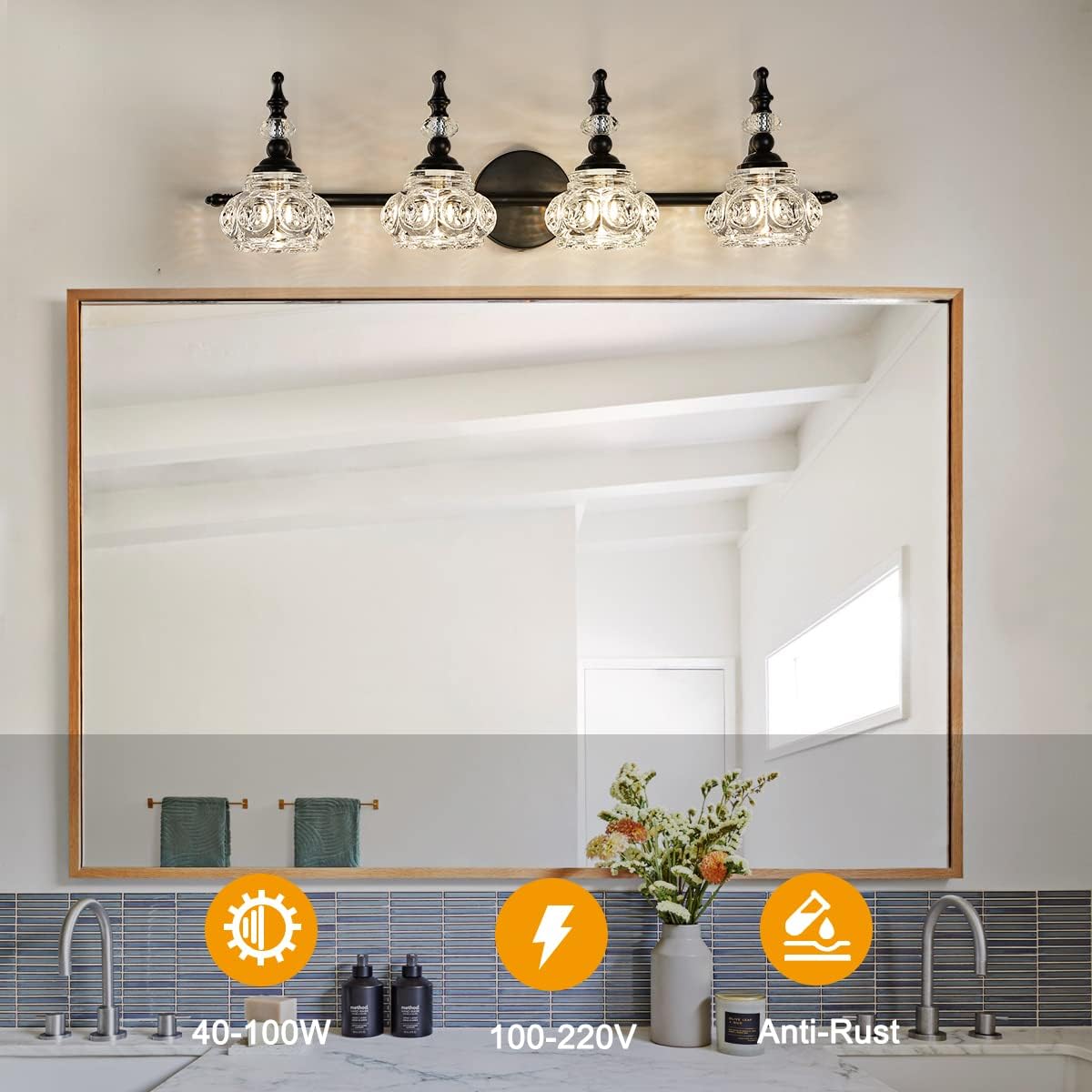 Lámpara de tocador de 4 luces, iluminación de baño, superficie negra pintada con pantalla de cristal grueso, luz de tocador vintage para baño