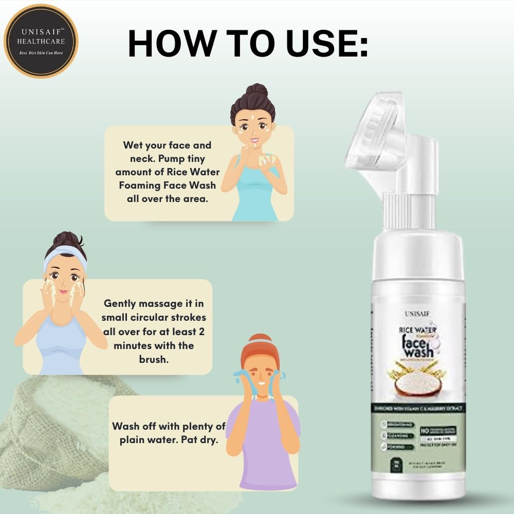 Unisaif Lavado facial de agua de arroz – Limpiador espumoso brillante de agua de arroz para mujeres y hombres  Espuma  Iluminador  Lavado facial