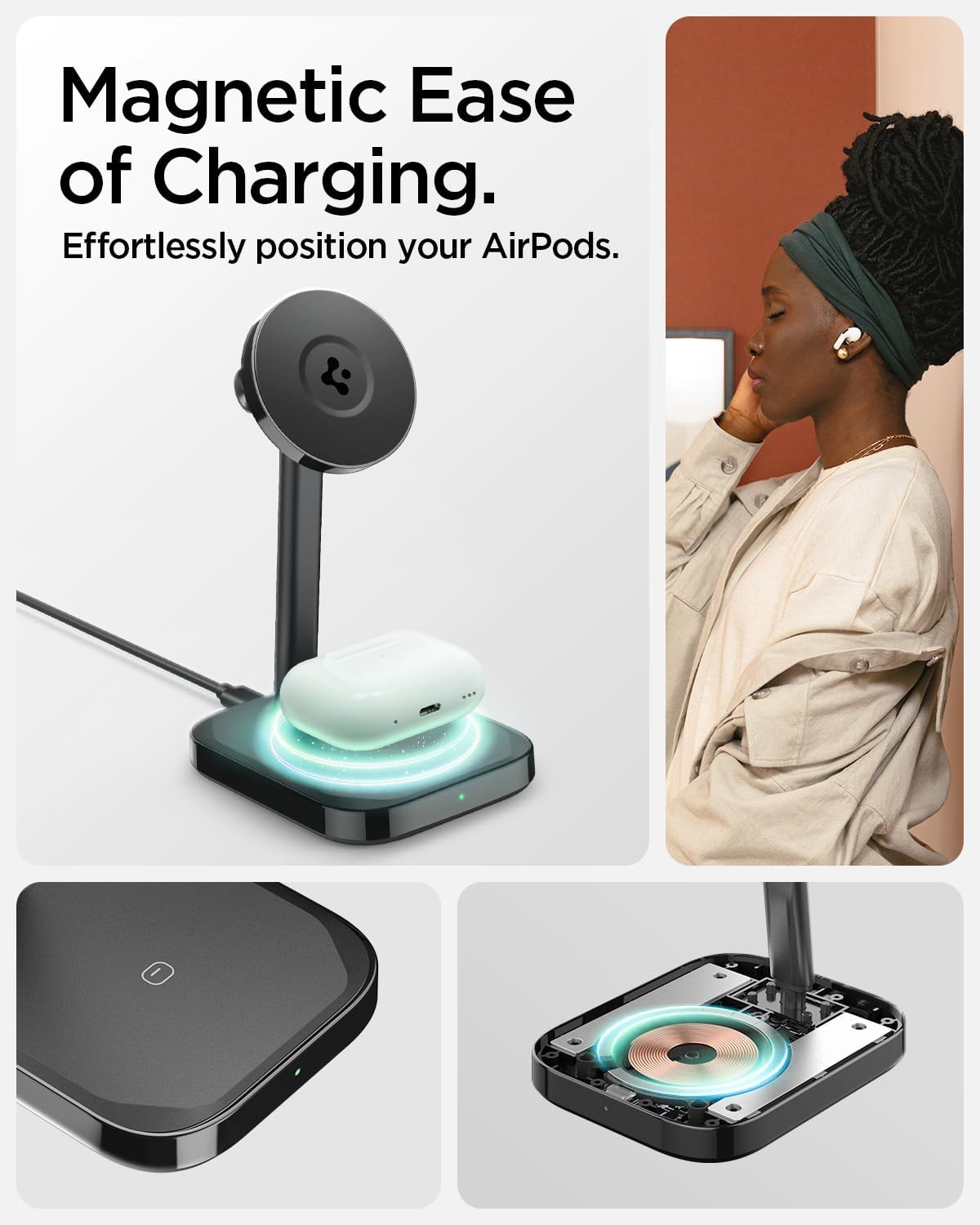 Spigen ArcField (MagFit) para MagSafe 2 en 1 Soporte de carga inalámbrico magnético dual cargador inalámbrico rápido para iPhone 15 Pro Max Plus 14