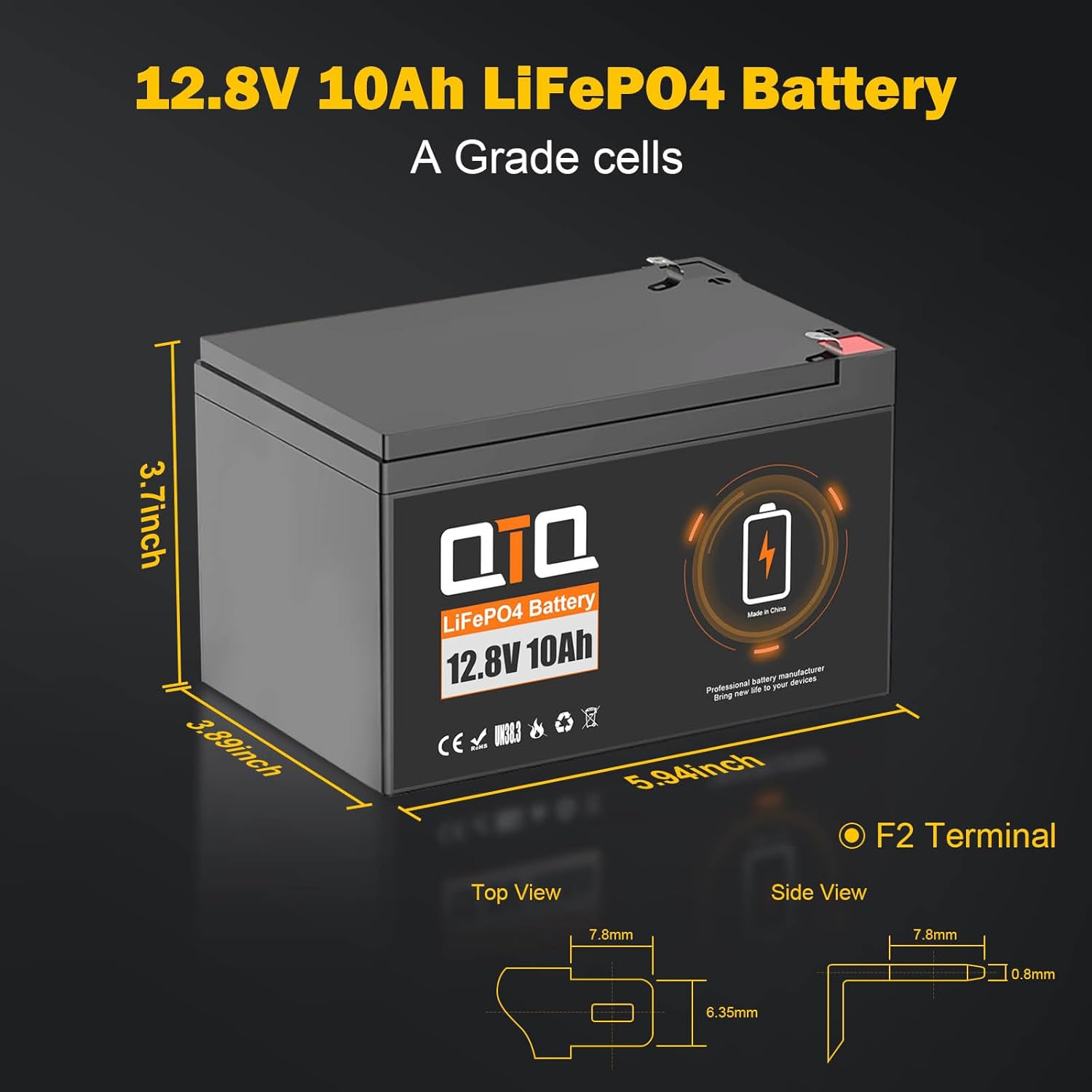 QTQ Batería LiFePO4 de 12.8 V 10 Ah, BMS de 10 A, perfecta para UPS, sistema de alarma