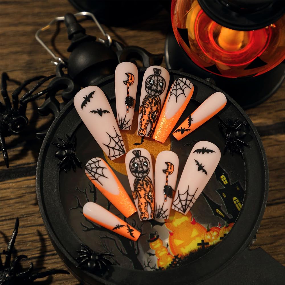 Uñas postizas a presión de Halloween, 24 unidades (12 tamaños), color naranja y negro, con punta francesa, uñas artificiales acrílicas con diseño de