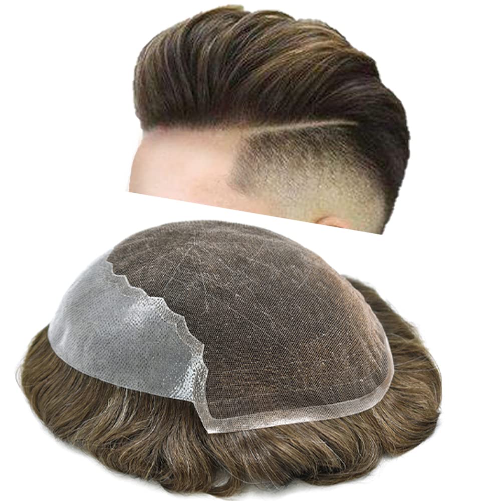 Pieza de cabello humano tipo tupé para hombre, sistema de cabello de encaje suizo suave, repuesto para hombres, nudo blanqueado, línea capilar