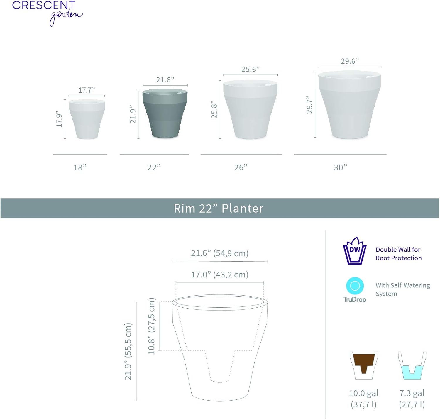 Crescent Garden Rim TruDrop – Maceta de riego automático, 22 pulgadas (corteza)
