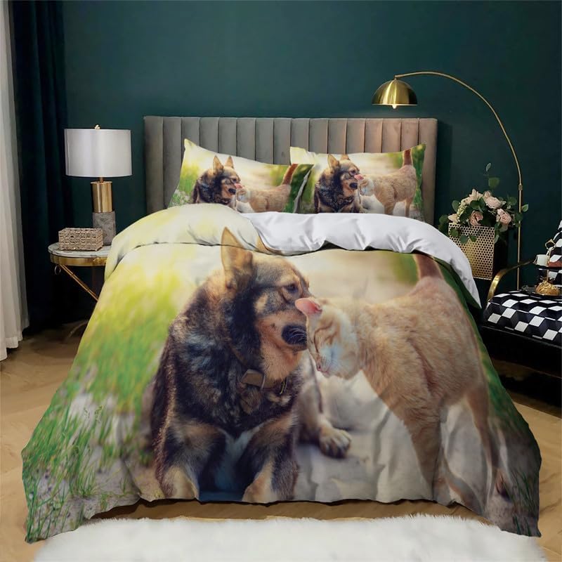 Puppy Grass Green Duvet Cover Full Animal Print Bedding Sets Full Soft Microfiber Comforter Cover and 2 Pillow Shams 20″X26″, Bed Set Duvet Covers