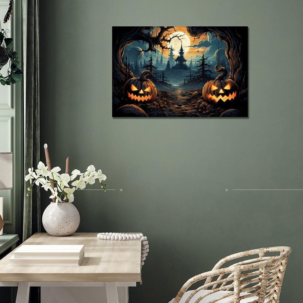Decoración de muebles de Halloween, farol de calabaza, arte para pared, póster de terror de castillo negro con cara sonriente de calabaza, impresión