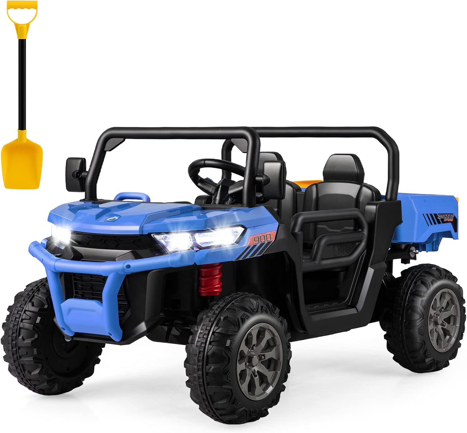 HONEY JOY Auto de 2 plazas, camión volquete eléctrico todoterreno de 12 V con control remoto, cama volquete móvil, pala, música, suspensión de