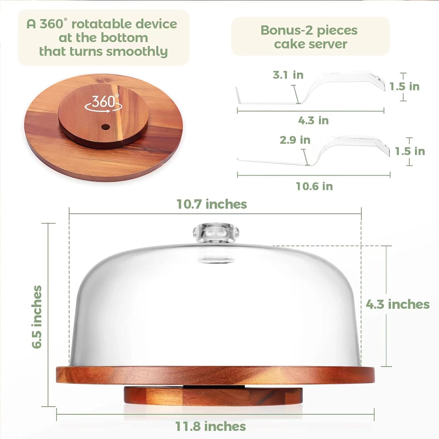 Soporte giratorio para tartas con cúpula, soporte de madera de acacia con tapa acrílica, soporte giratorio para tartas con cubierta transparente