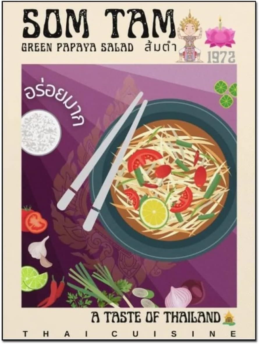 Póster vintage de comida tailandesa, póster de Som Tam, póster de cocina moderna Art Deco, pintura en lienzo, pósteres e impresiones artísticas de
