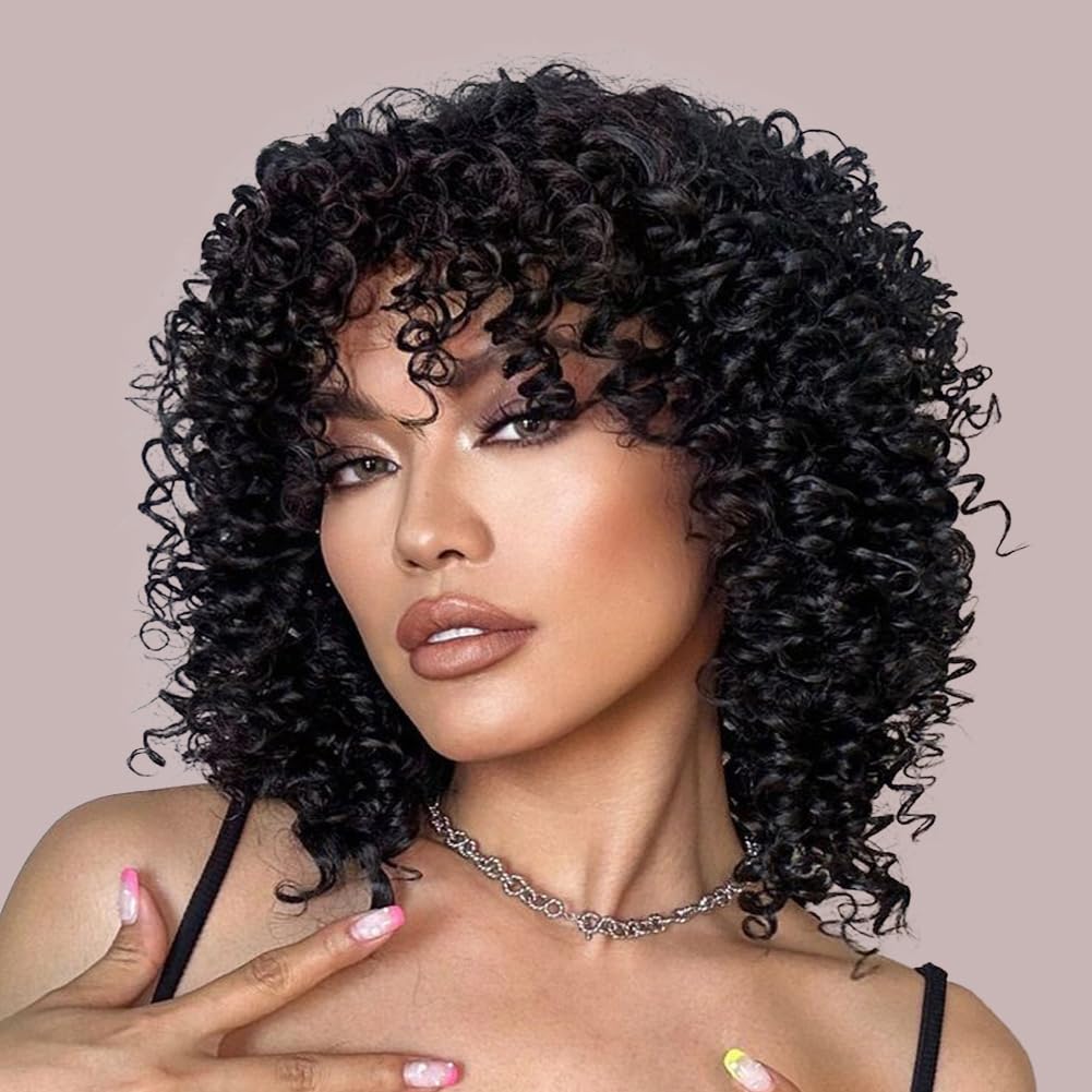 ZABUZAUN Pelucas humanas cortas y rizadas con flequillo para mujeres negras, 100% cabello humano virgen brasileño, hechas a máquina, sin pegamento,