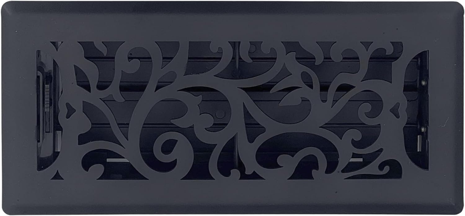 Precision Flow Registro de piso de acero de 4 x 12 pulgadas, diseño floral, acabado negro de hierro fundido, cubiertas de ventilación prémium para