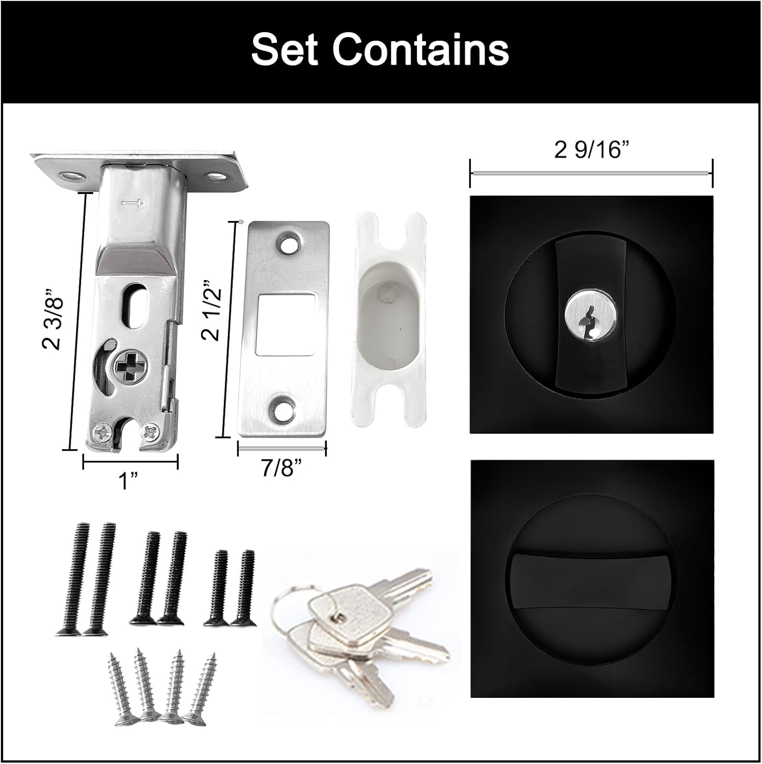 Cerradura de puerta de bolsillo con llave, accesorios de puerta de privacidad adecuados para baño, dormitorio, etc. Empotrada de 2 lados, fondo de 2