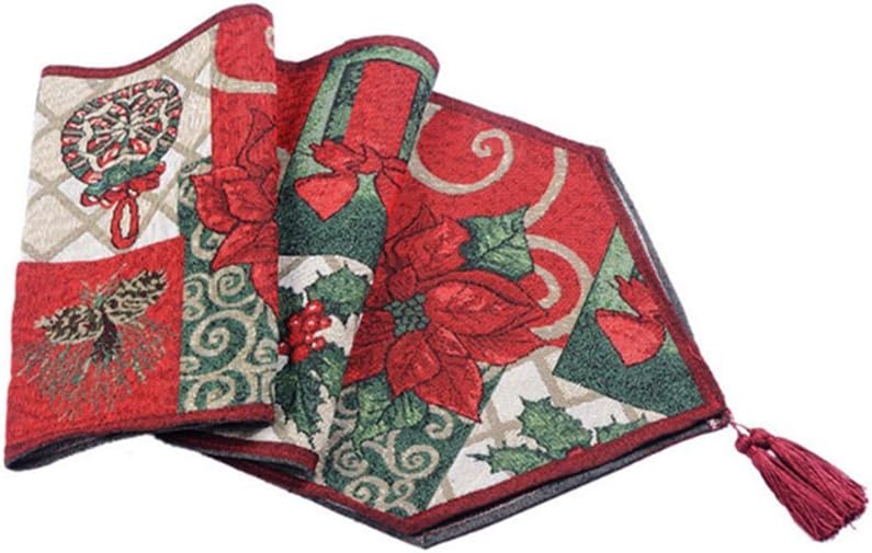 Camino de mesa decorativo de Navidad de 13 x 71 pulgadas, tejido jacquard rojo de flor de pascua verde, hojas verdes, alegría, paz, amor, flor de