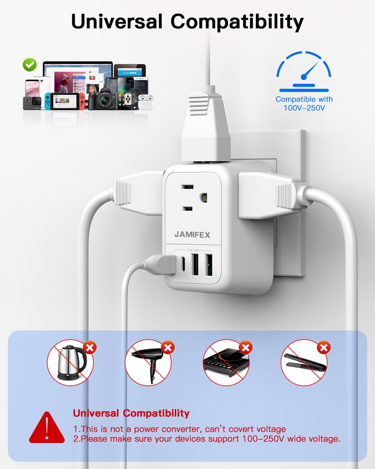 Adaptador de enchufe de viaje europeo plegable, adaptador de enchufe de alimentación internacional JAMIFEX con 4 tomas, 4 puertos USB (2 USB-C),