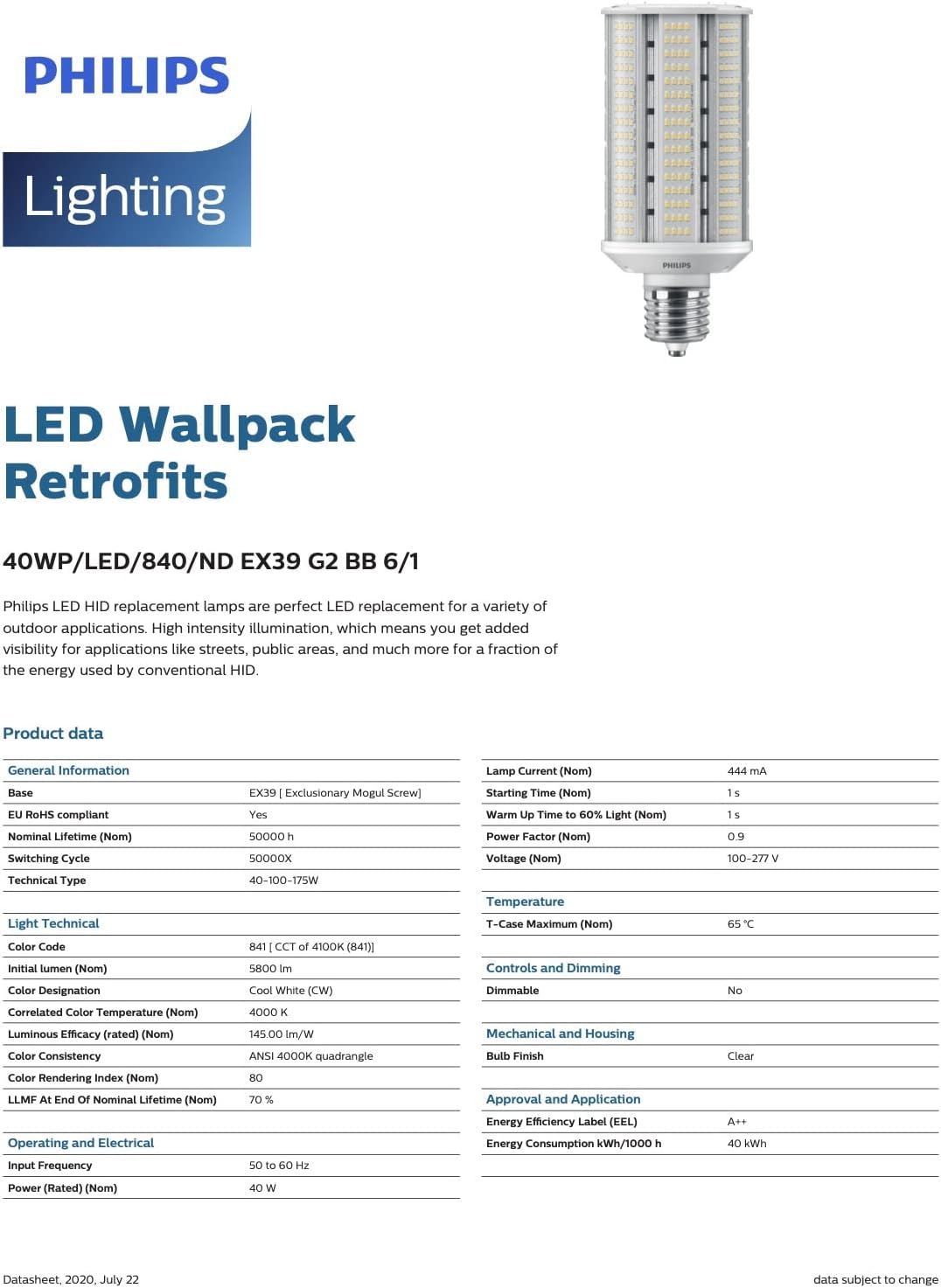 PHILIPS Paquete de pared LED equivalente a 175 W, bombilla de repuesto HID HPS 5800 lúmenes, aplicaciones en interiores y exteriores, no regulable,