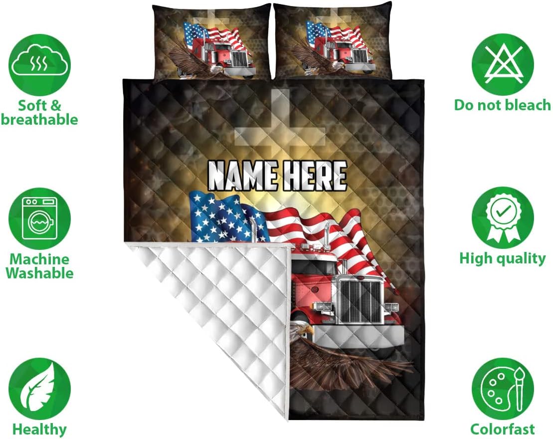 Juego de ropa de cama y fundas de almohada con diseño de bandera estadounidense con diseño de bandera estadounidense, diseño de camionero, juego de