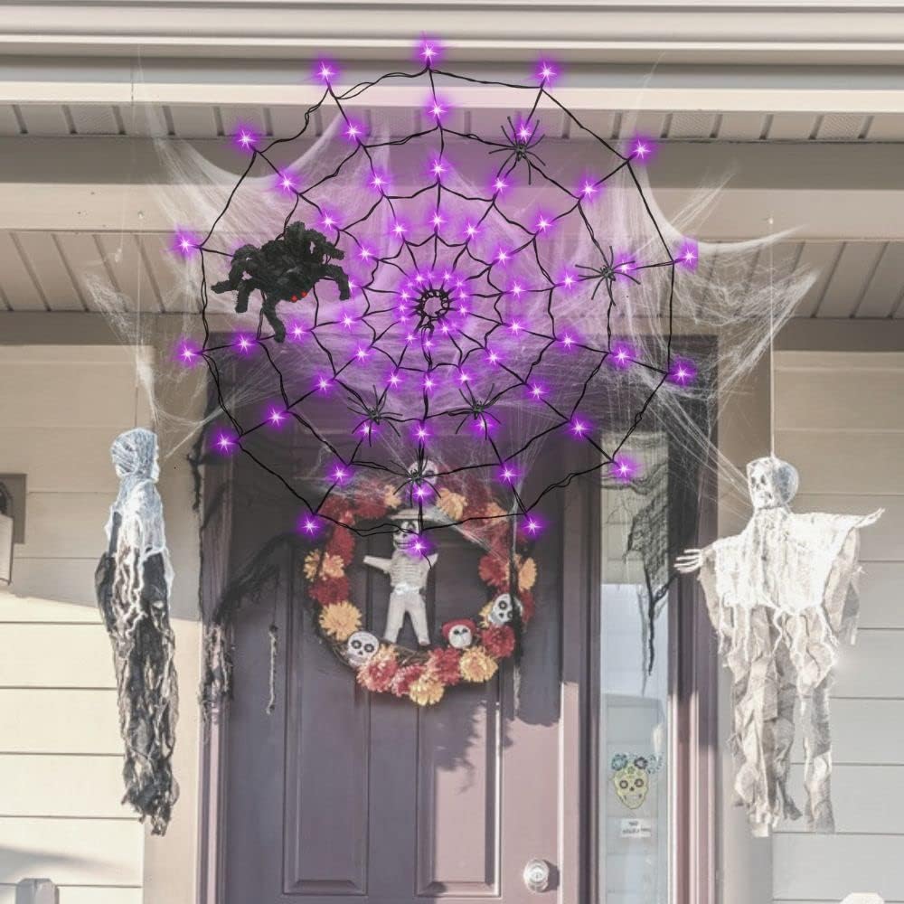 GVANCA Luces de telaraña de Halloween Decrations, 70 luces LED de telaraña para decoración de Halloween en interiores y exteriores, impermeables,