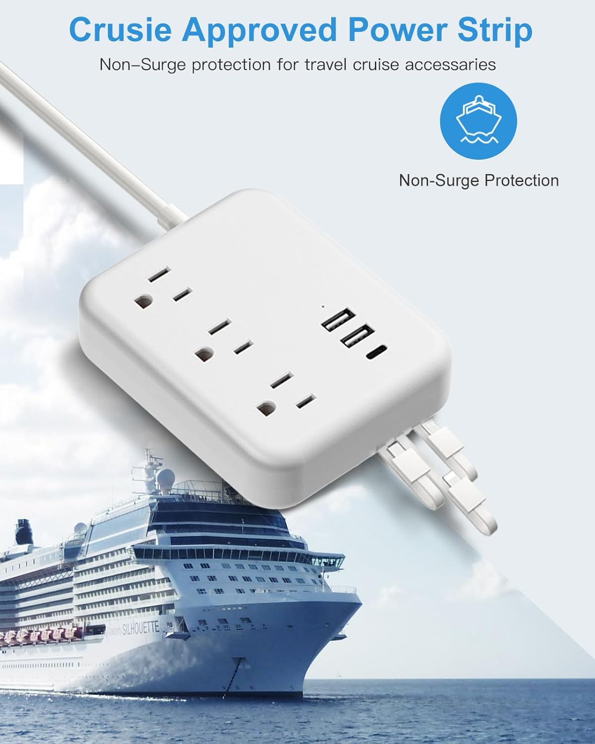 Regleta de alimentación de viaje con puertos USB, 3 cables integrados, cable de extensión de enchufe plano, 3 tomacorrientes, 6 USB con cable de