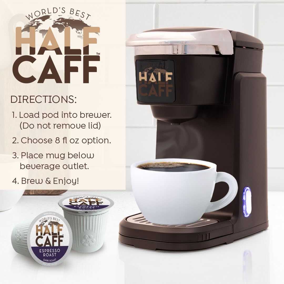World’s Best Half Caff Café tostado expreso de 18 quilates, cápsulas de café de tostado oscuro reciclables producidas por energía solar, 100% café